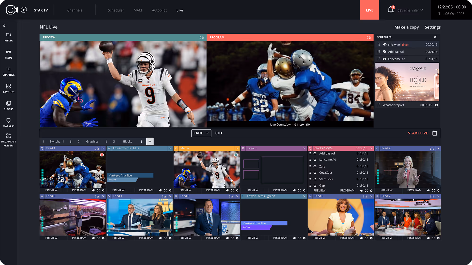 AdBoost - Broadcast control interface showing multiple live video feeds, including NFL football action, a news studio, and various commercial ads.