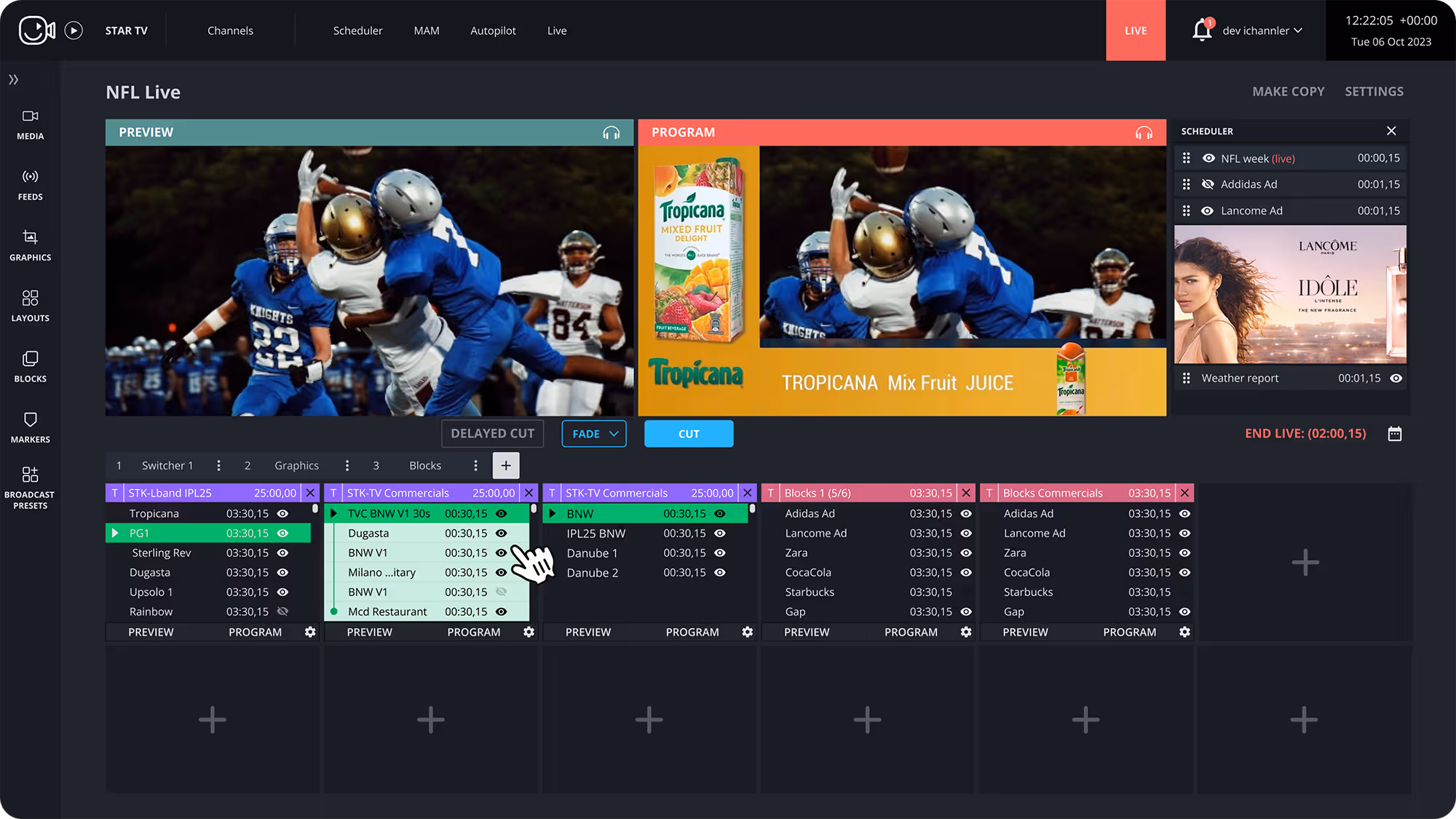 Broadcast control interface showing NFL live preview with football players, Tropicana mix fruit juice ad in program window, and a scheduler with ads and weather report.