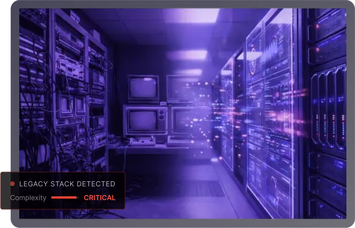Server room with legacy monitors and servers, highlighting detected legacy stack with critical complexity warning.
